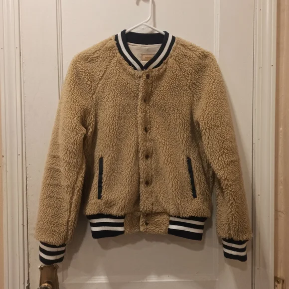 MOTHER Beige Teddy Letterman Snap women's Bomber Jacket in More Than a Feeling - Picture 3 of 16